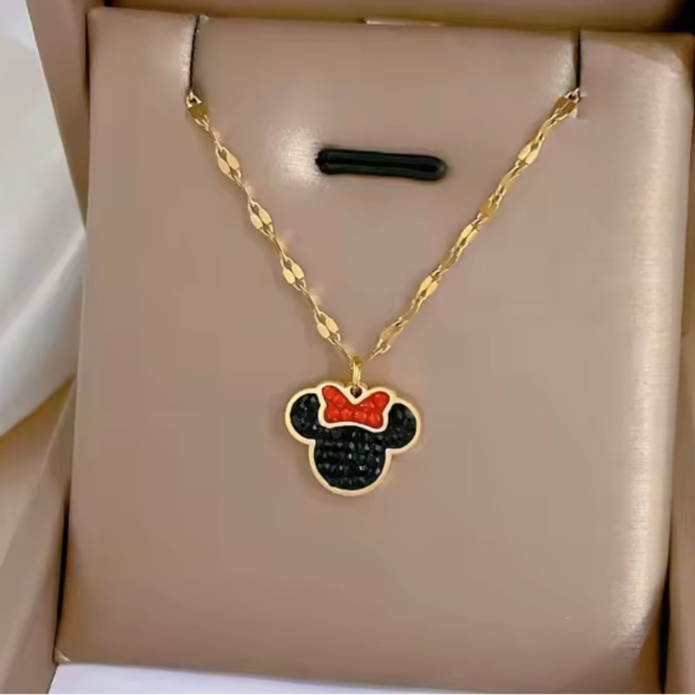 18K Gold Minnie Mouse Theme Black & Red Crystal Adorned Necklace No Fade